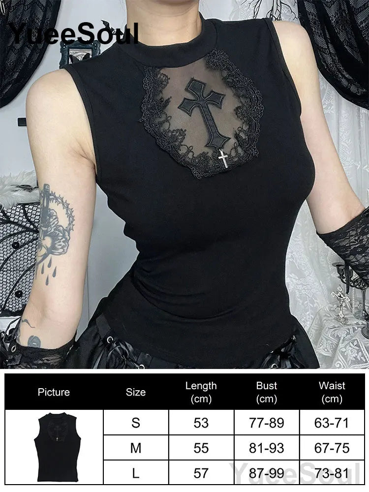 Gothic Lace Mesh Crop Tops Black Sexy Spaghetti Strap Corset Tops Goth Punk Grunge Fairy Core Halloween Y2K Aesthetic Clothes