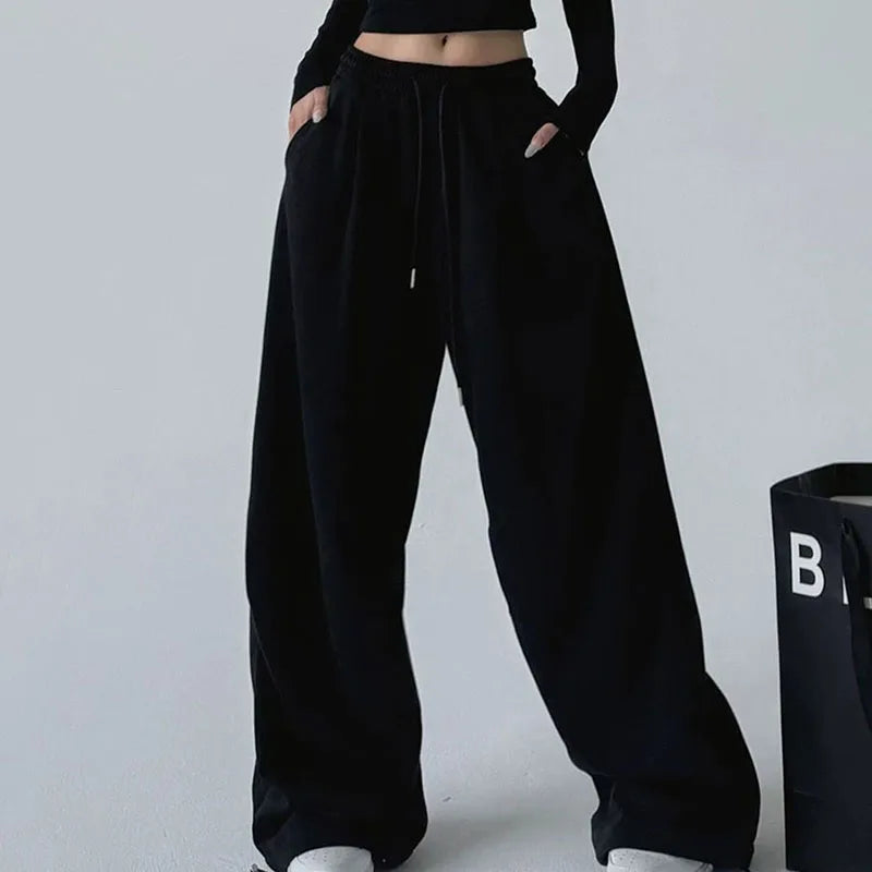 2025 New Harajuku Wide Leg Sweatpants Women Streetwear Baggy Oversize Gray Sports Pants Woman Drawstring Casual Joggers Trousers