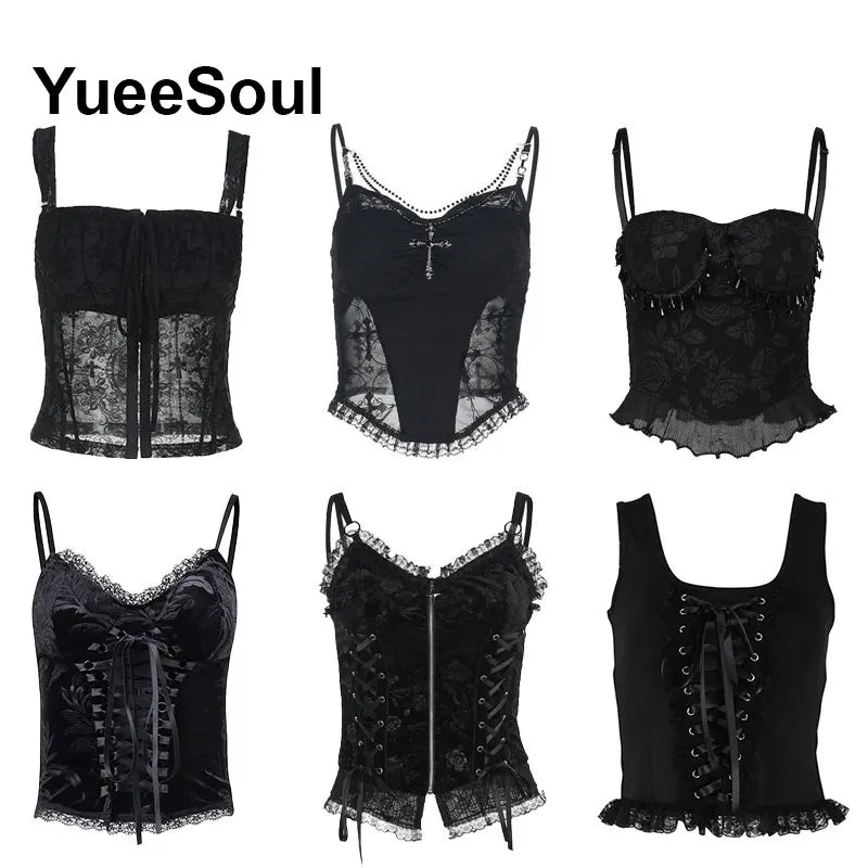Gothic Lace Mesh Crop Tops Black Sexy Spaghetti Strap Corset Tops Goth Punk Grunge Fairy Core Halloween Y2K Aesthetic Clothes