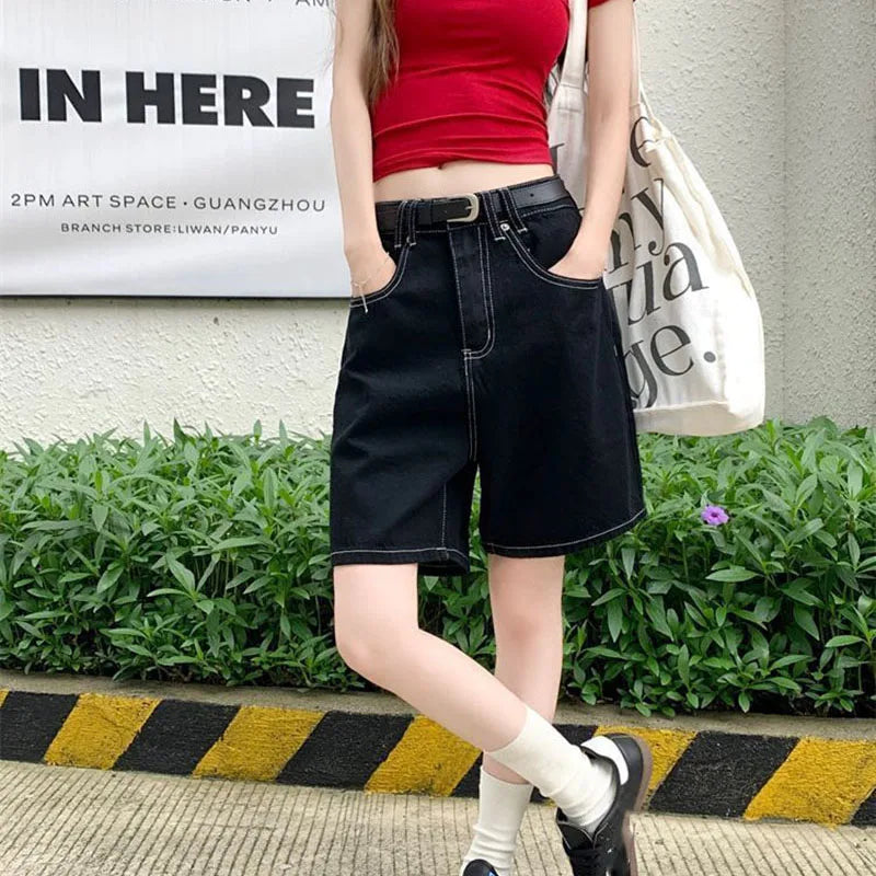 Black Shorts Jeans Women 2025 Summer Baggy Y2K Fashion Straight Denim Short Pants Woman Vintage Streetwear Loose Jean Shorts