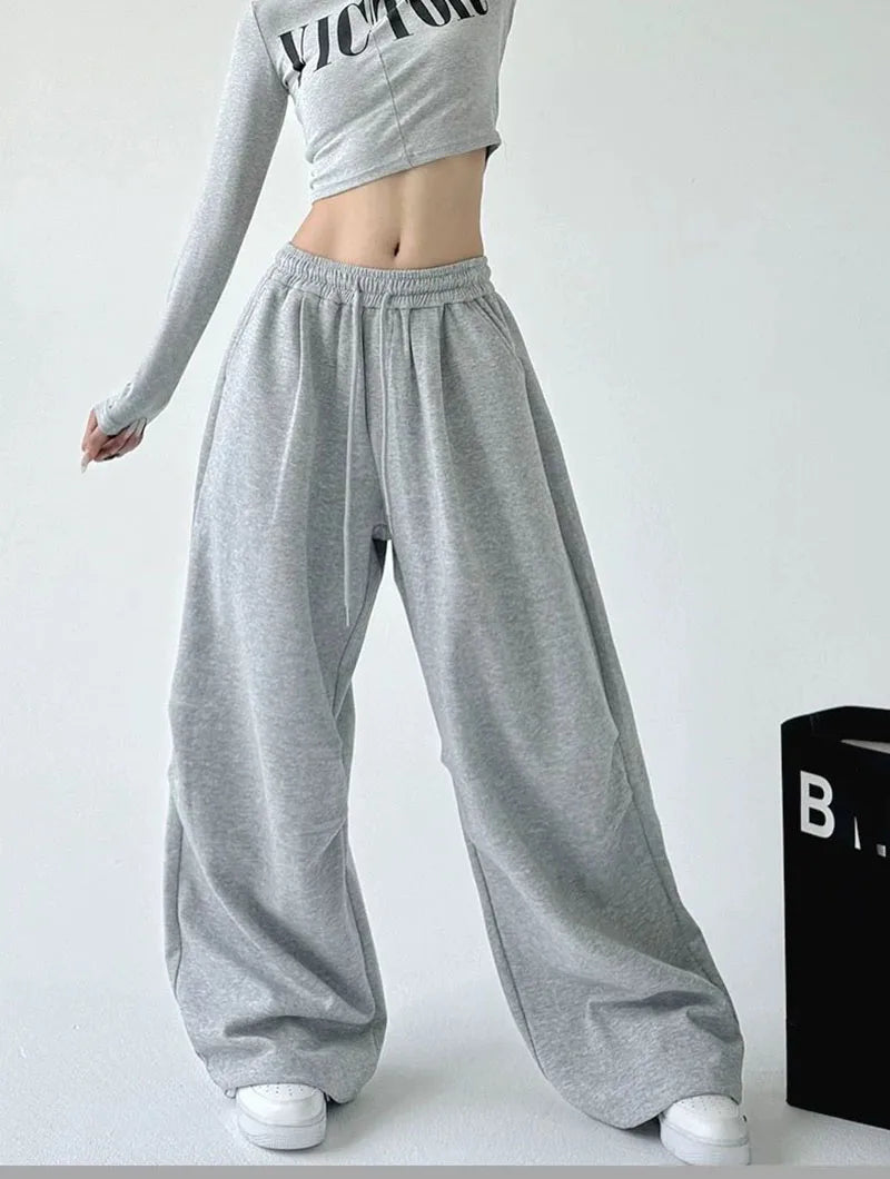 2025 New Harajuku Wide Leg Sweatpants Women Streetwear Baggy Oversize Gray Sports Pants Woman Drawstring Casual Joggers Trousers