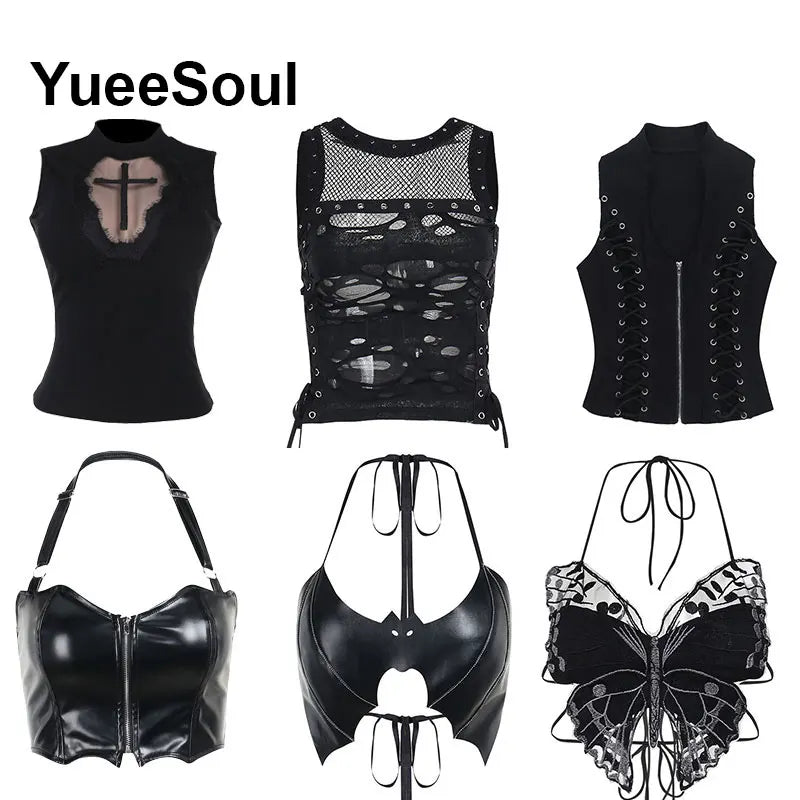 Gothic Lace Mesh Crop Tops Black Sexy Spaghetti Strap Corset Tops Goth Punk Grunge Fairy Core Halloween Y2K Aesthetic Clothes