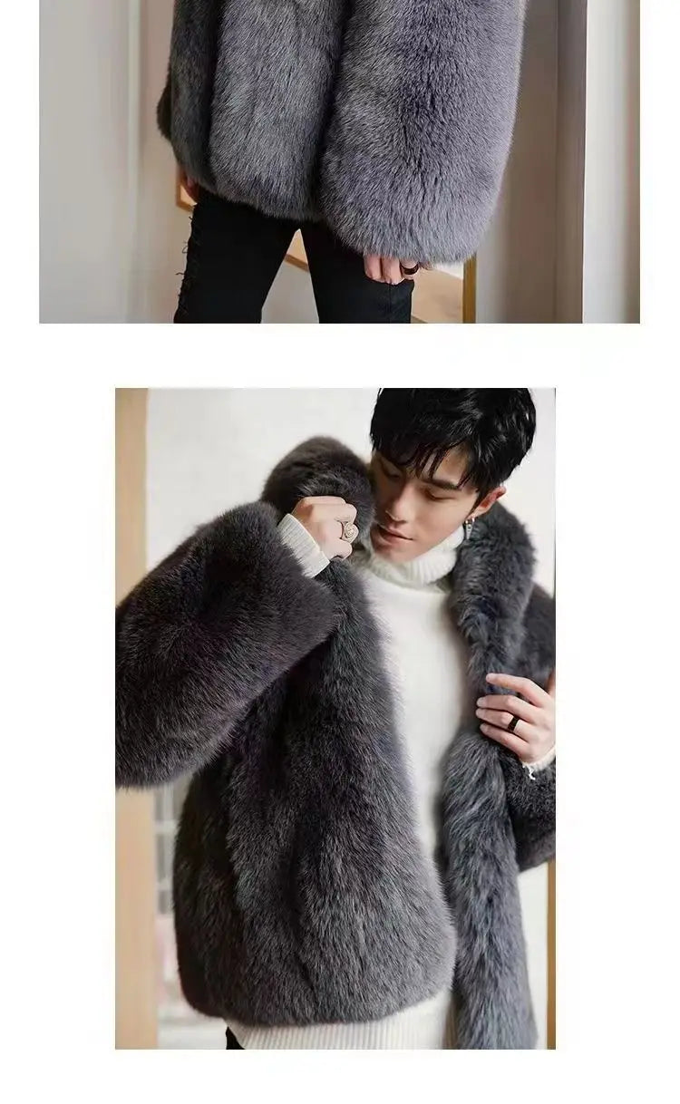 Autumn Winter New Men Fox Fur Hooded Coat  Fashion Light Luxury  Warm Coat Thickened Comfortable Fur Coat Men Brown Fake Fur