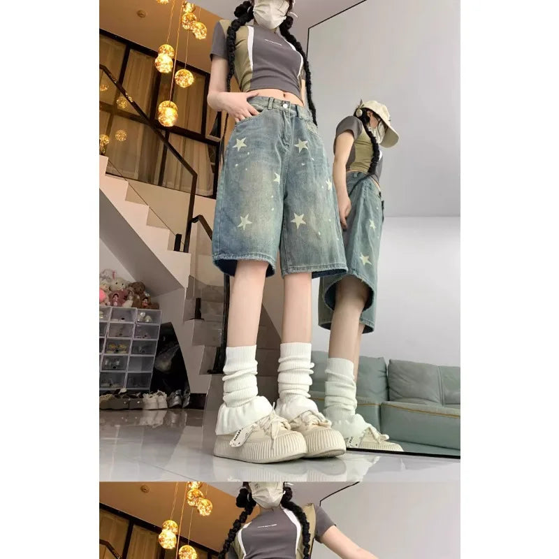 Casual Floral Loose Wide Leg Womens Jeans Retro Star Design Straight Leg Comfort Soft Denim Shorts