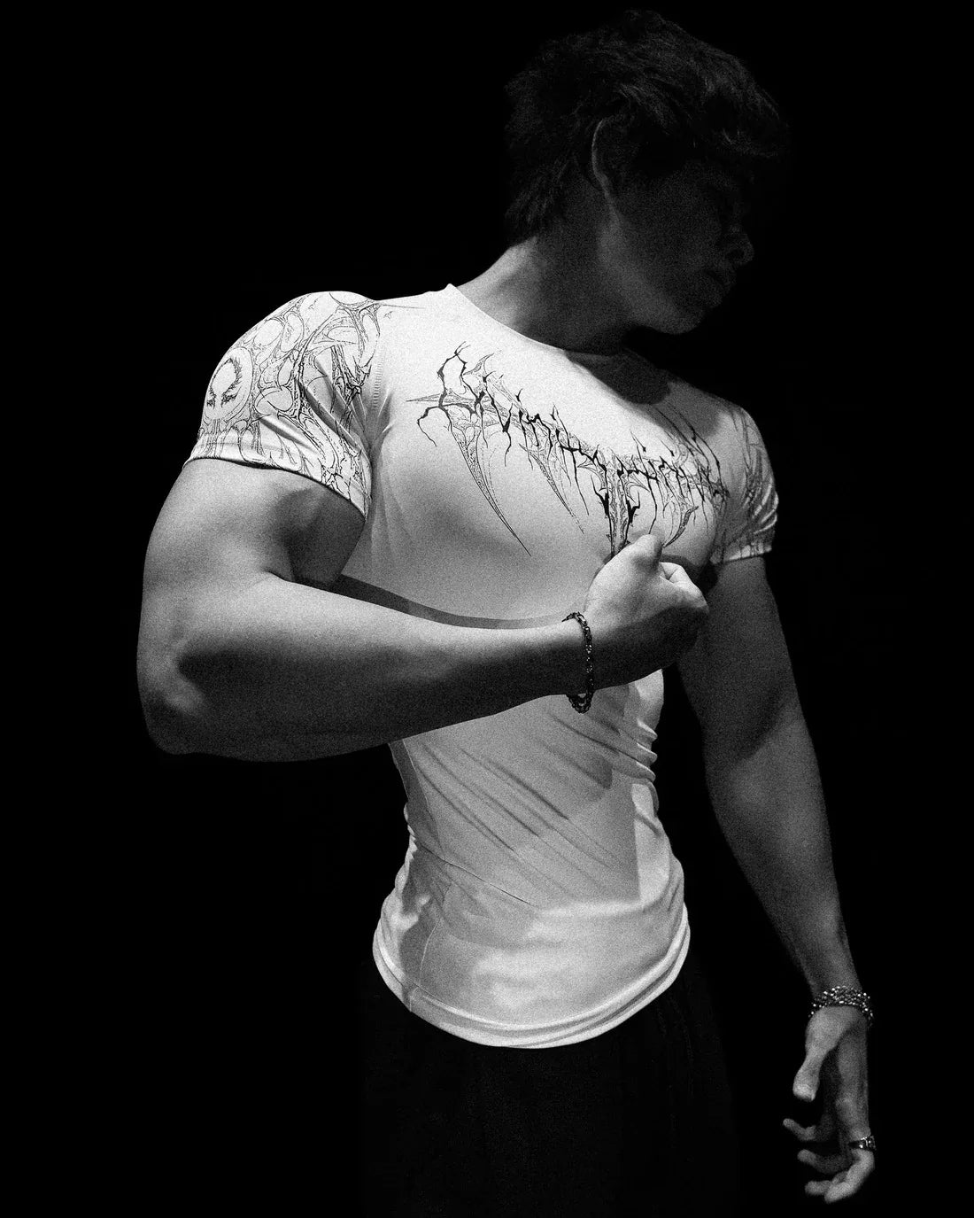 GYM T-shirt Men's Dark Gothic Print Muscle Tee  High Elasticity And Quick Drying Exercise For Bodybuilding Training 2025 Summer