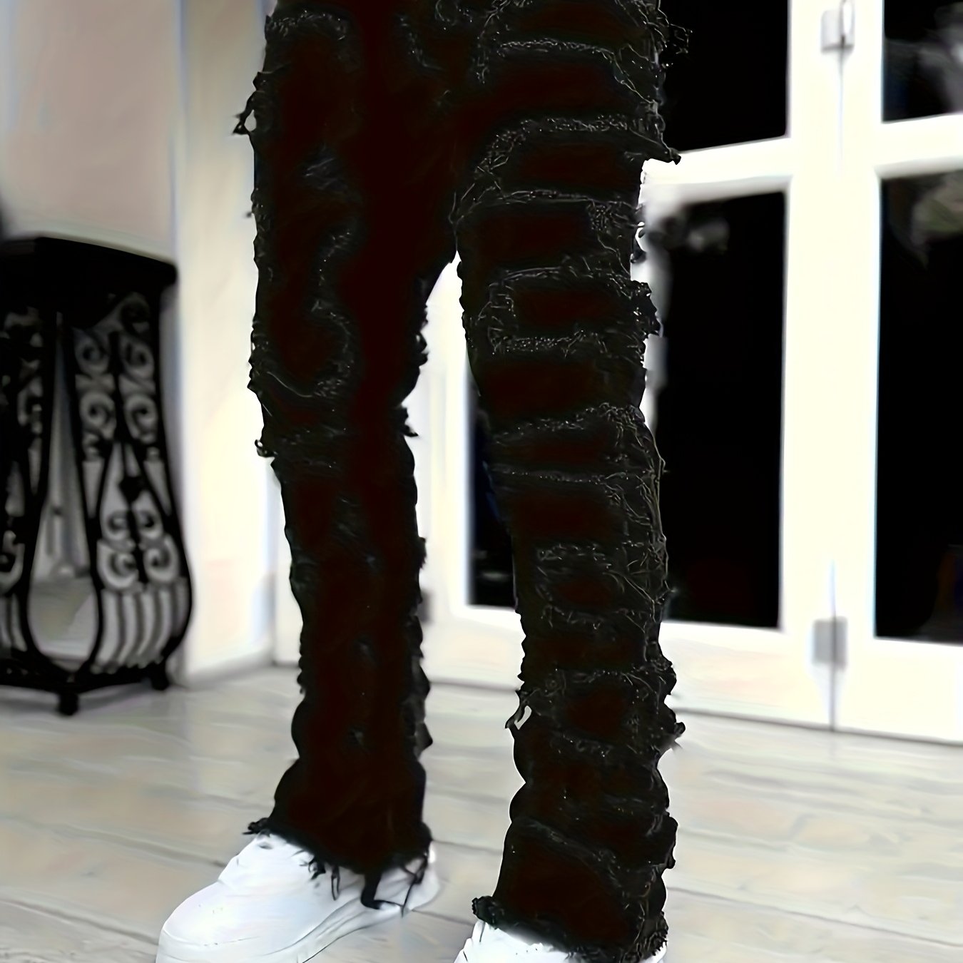 Men's Skinny Ripped Jeans - Slim Fit Patchwork Denim Pants with Mid-Rise Waist, Y2K Goth Harajuku Emo Hip Hop Streetwear Style, Frayed Hem & Built-In Zipper Closure for Spring/Fall Casual Outfits