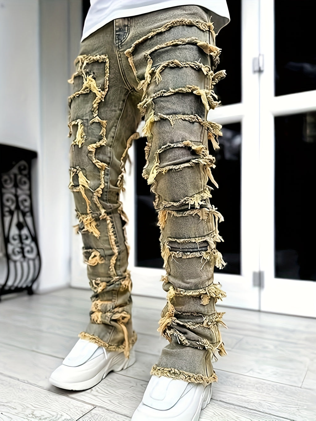 Men's Skinny Ripped Jeans - Slim Fit Patchwork Denim Pants with Mid-Rise Waist, Y2K Goth Harajuku Emo Hip Hop Streetwear Style, Frayed Hem & Built-In Zipper Closure for Spring/Fall Casual Outfits